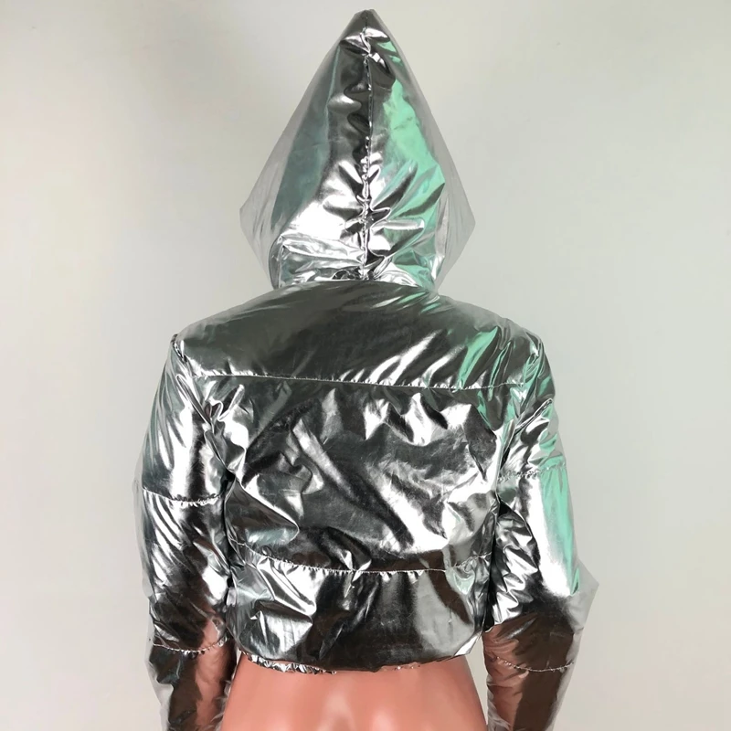 

ZKYZWX Winter Silver Bright PU Leather Hooded Bubble Coat for Women Fashion Cute Warm Down Parkas Padded Crop Puffer Jacket