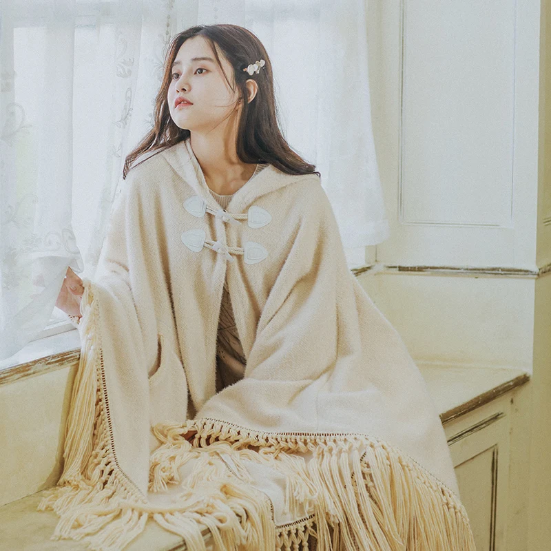 Apricot Fall Women Autumn Winter Bohemian Oversized Tassel Hooded Cloak Ladies Sweet Thick Warm Casual Loose Long Coats ropa mujer - Цвет: Apricot