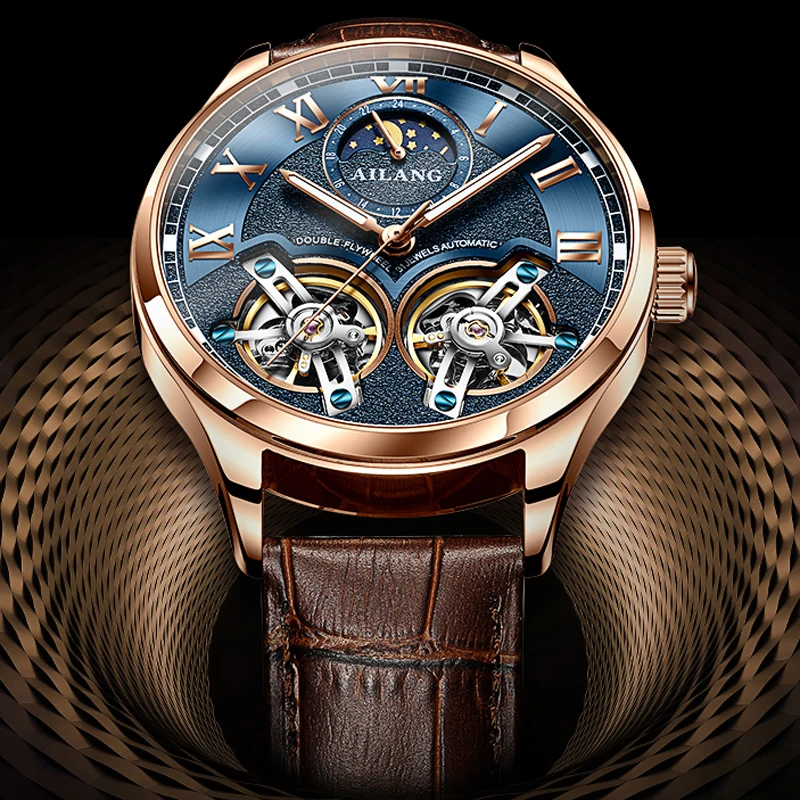 Fashion Luxury Brand Leather Double Tourbillon Watch Automatic Men Wristwatch Mechanical Steel Watches Male Relogio Masculino