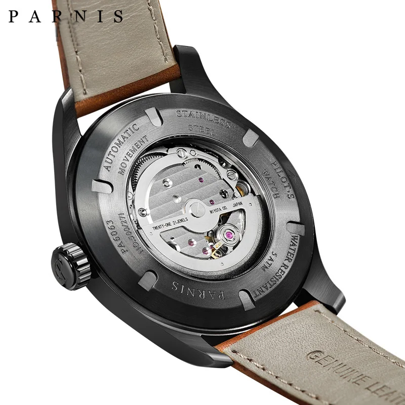 

Parnis 44mm Automatic Mechanical Mens Watch Leather Strap Miyota Movement Luminous Military Calendar Clock Wristwatch Men