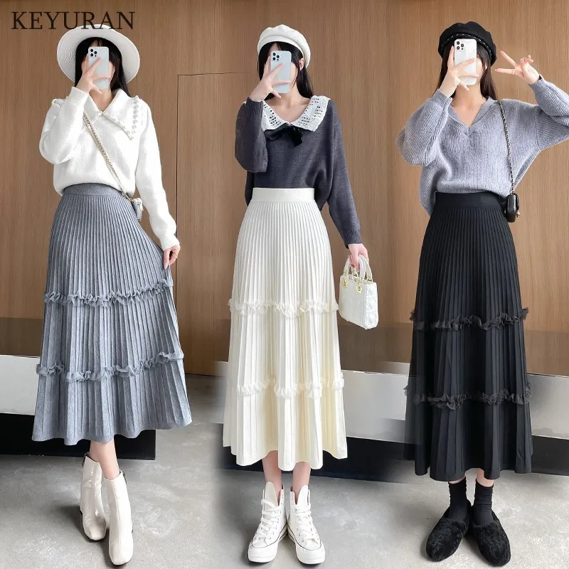 2021 Autumn Winter Women Knitted Skirt Korean Casual Ruffles Solid Gray A Line High Waist Pleated Midi Long Female Ladies | Женская