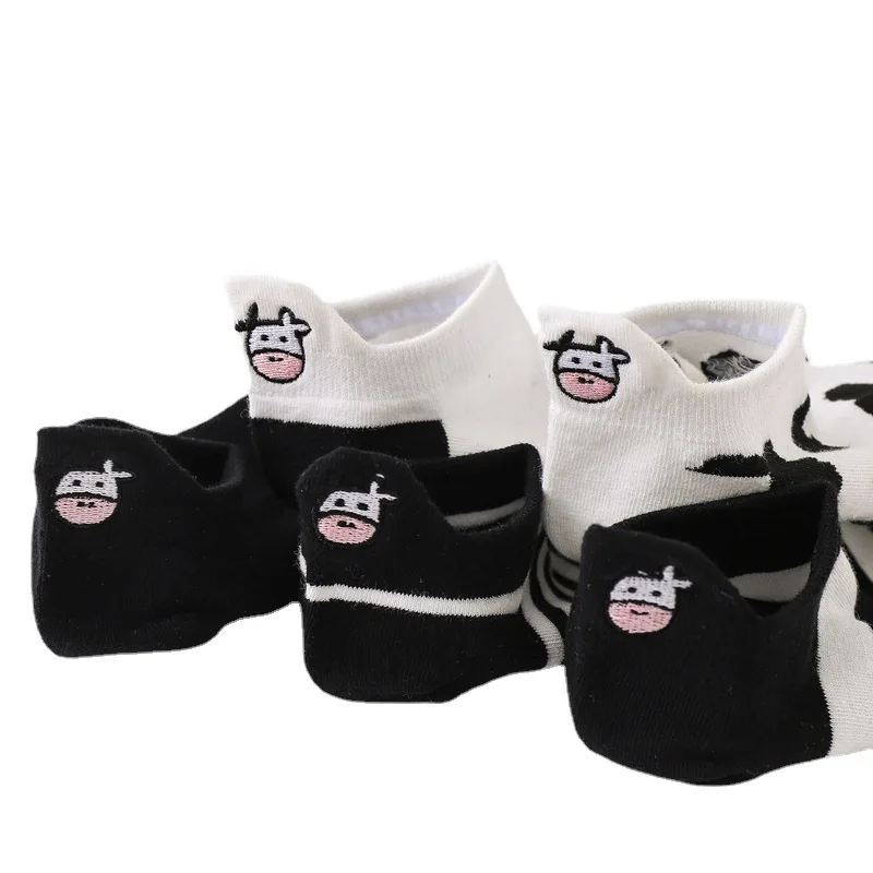 

5 pairs Cotton Socks White and Black Embroidery Milk Cow Kawaii Women Socks Low Tube Striped Breathable Boat Sock