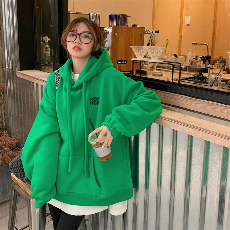 Женский свитер с капюшоном зеленый плюшевый Свободный Длинный пуловер средней