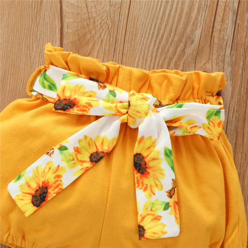 

New Baby Girl Cotton Clothes Set 0-18M Summer Short Sleeve Ruffles Sunflower/Leopard Printed Romper Tops Shorts With Belt 3Pcs