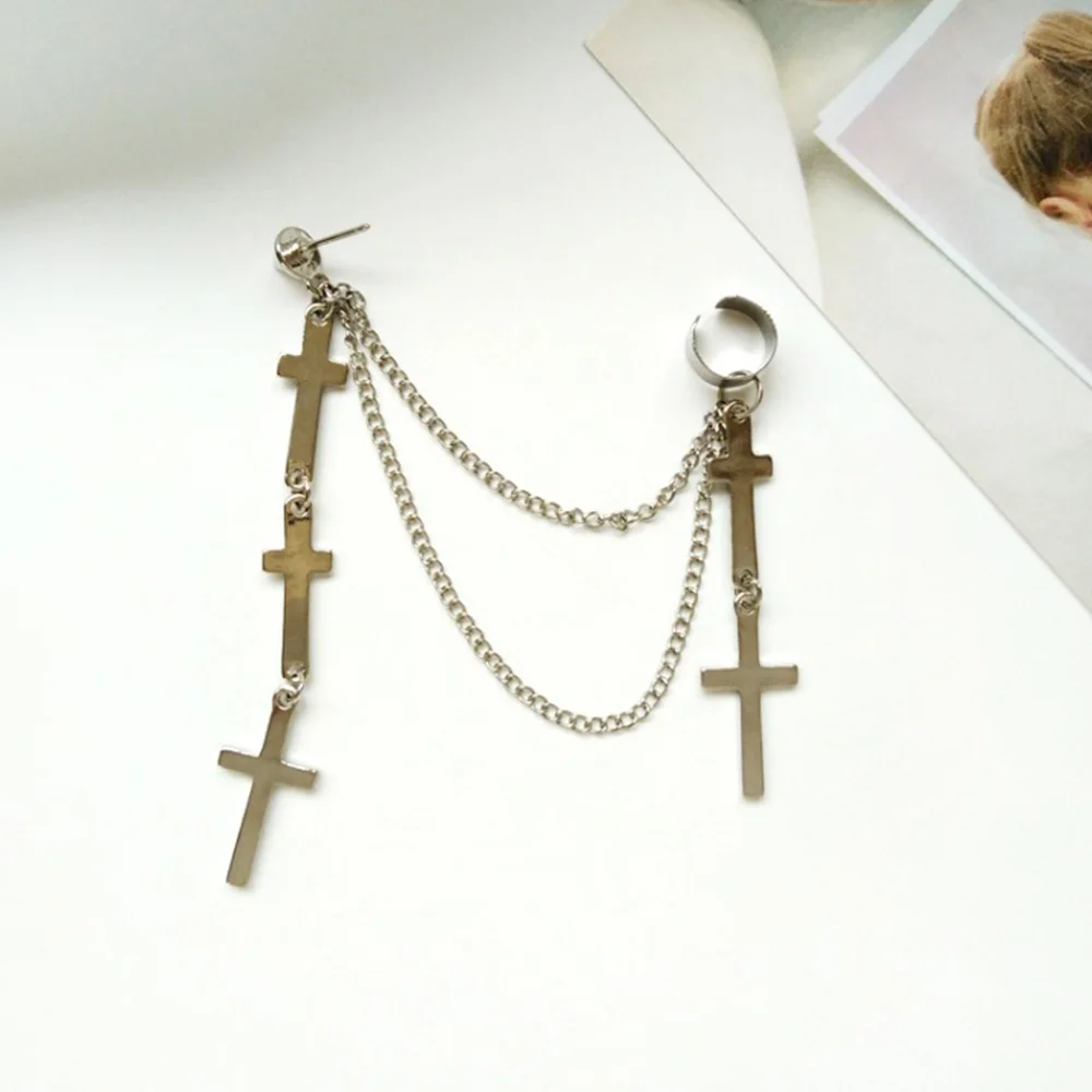 Длинные женские серьги с кисточками черного и серебряного цвета крестом без