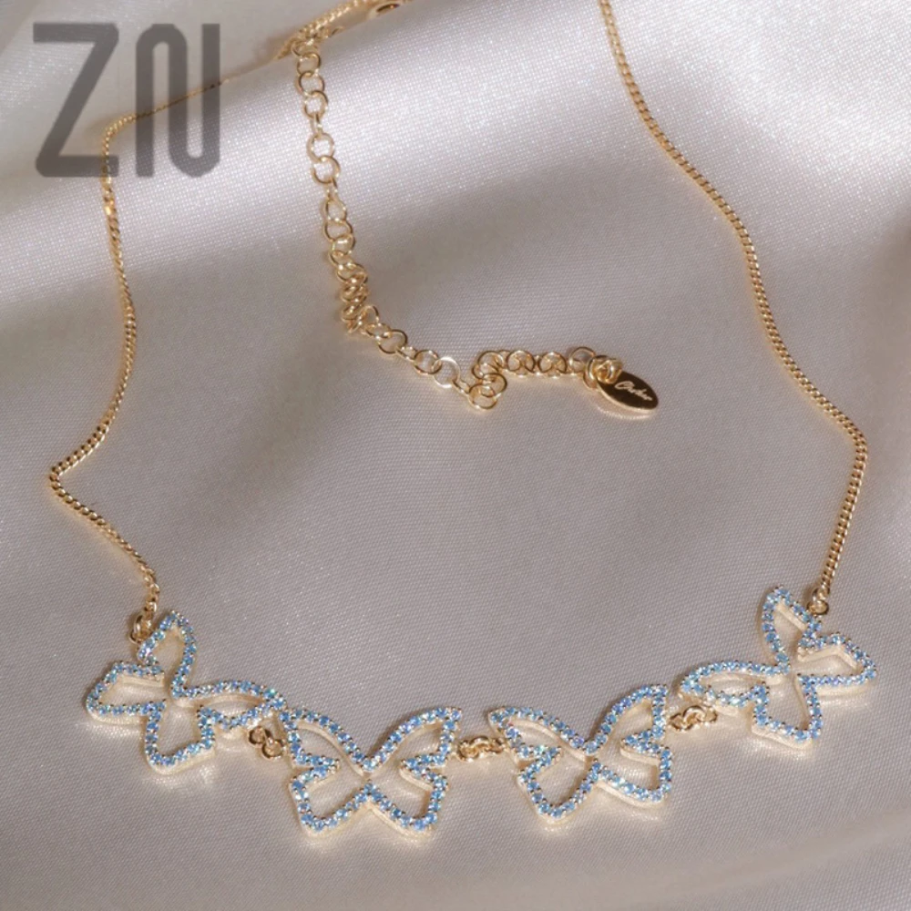 

ZN Fashion Simple Jewelry Sweet Inlay Blue Rhinestone Clavicle Chain Chokers Butterfly Shaped Pendant Necklaces Valentines Gifts