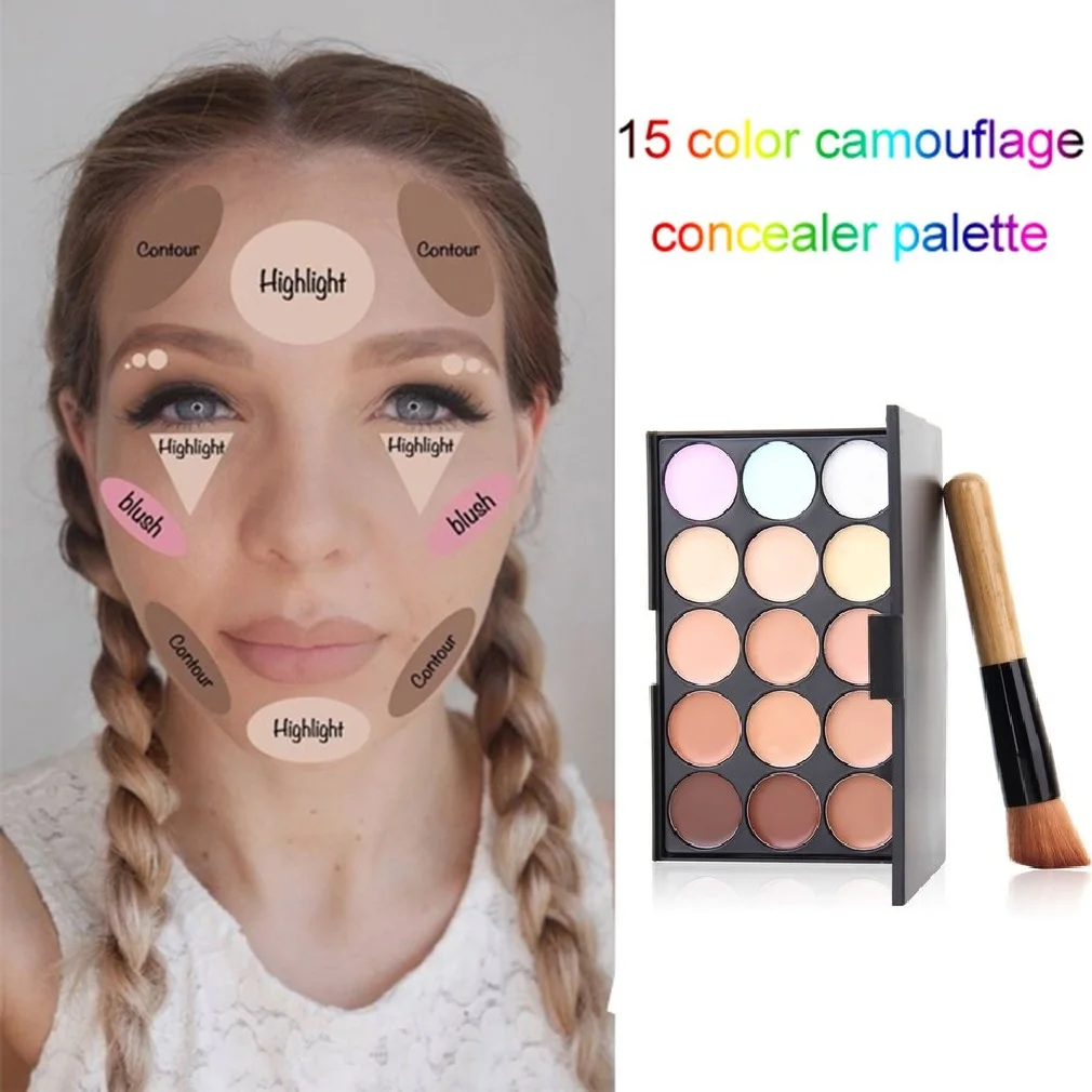 Профессиональная палитра консилера 15 цветов с основой и косой кисточкой для