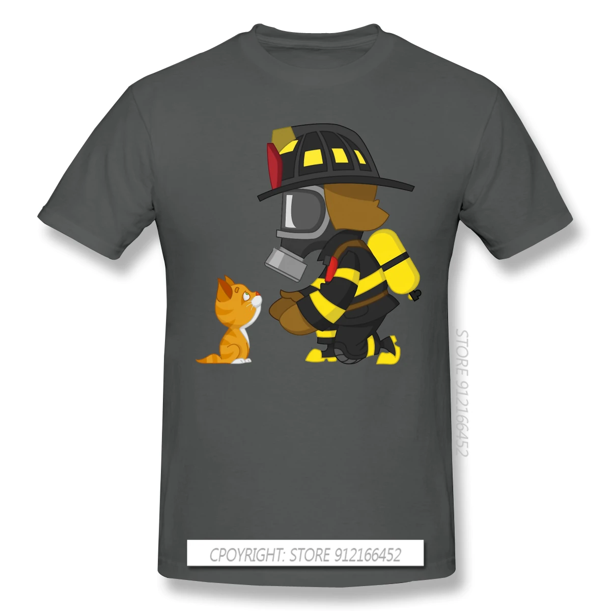 Футболка мужская с рисунком котенка и пожарного летняя