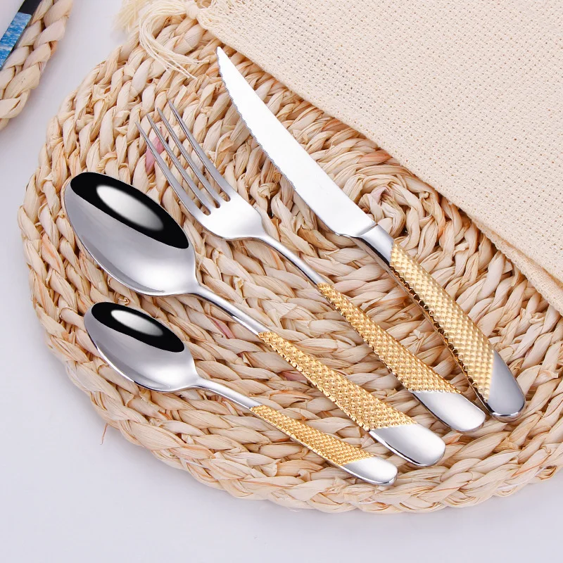 

24Pcs KuBac Hommi Gold Plated Stainless Steel Dinnerware Set Dinner Knife Fork Cutlery Set Service For 4 Drop Shipping