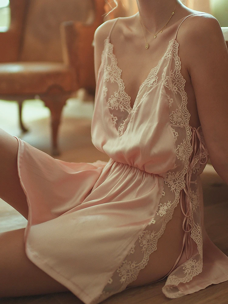 Пикантные Для женщин Летняя ночная рубашка Ночное платье Шелковый Атлас Кружево