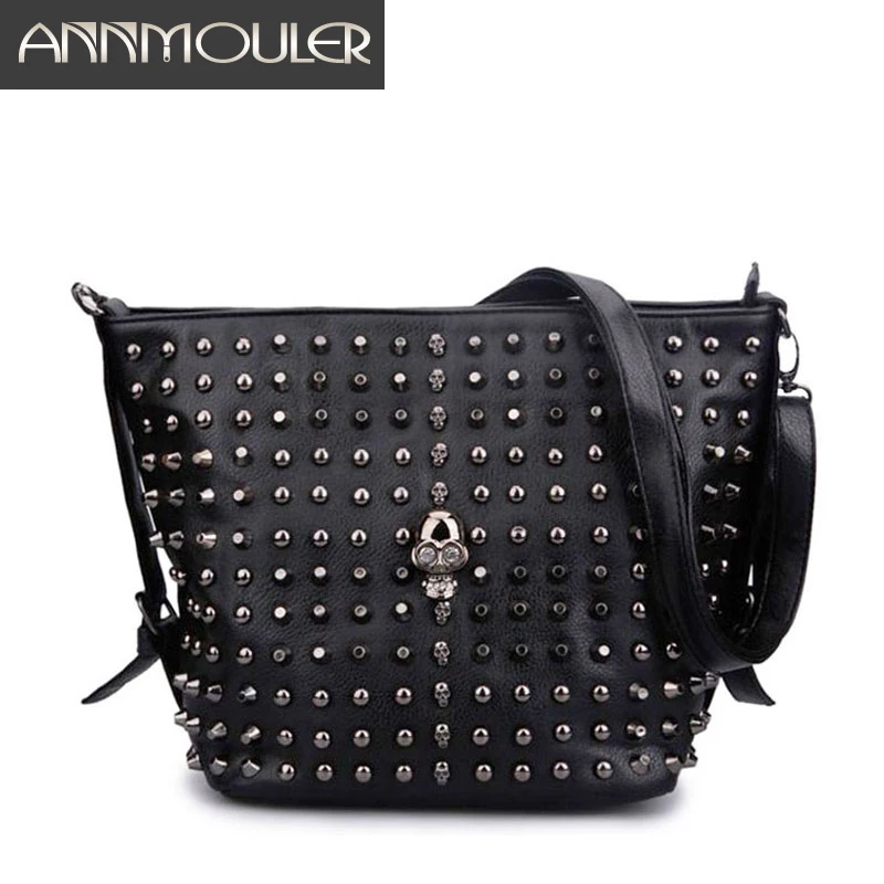 

Annmouler Fashion Women Shoulder Bag Pu Leather Crossbody Bag Punk Messenger Bag for Girls Rivet Skull Bucket Bag Black Purse