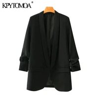 kpytomoa women 2021 fashion office wear basic black blazer coat vintage pleated sleeve pockets female outerwear chic tops