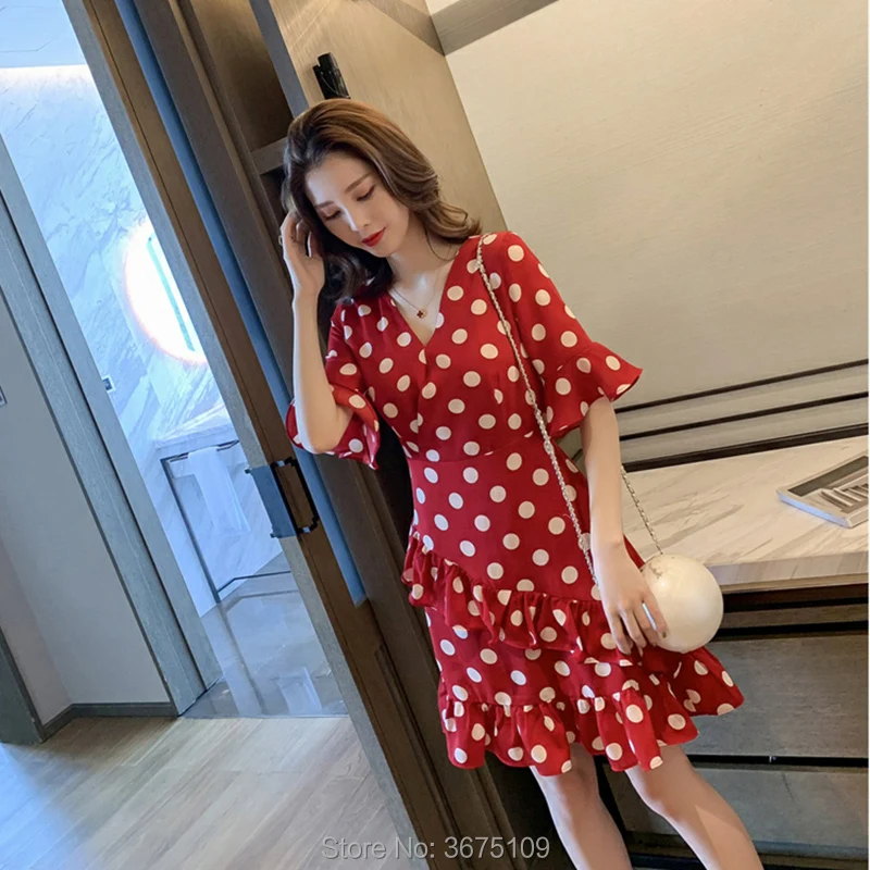 

red polka dot dress summer sexy plus size sundress short ruffle boho black mini women's dress beach summer dresses large sizes