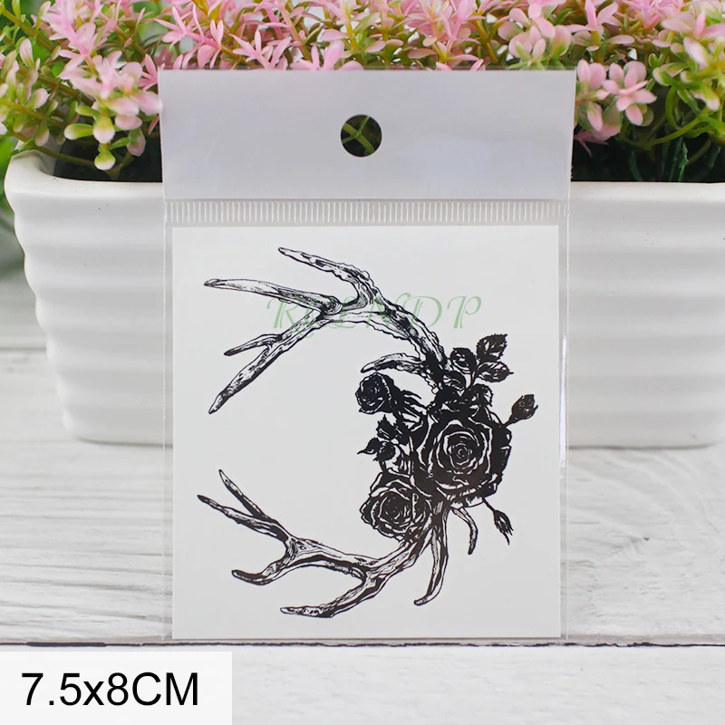 

Waterproof Temporary Tattoo Sticker antlers rose flower black Fake Tatto Flash small art hand foot arm Tatoo For Men Women girl