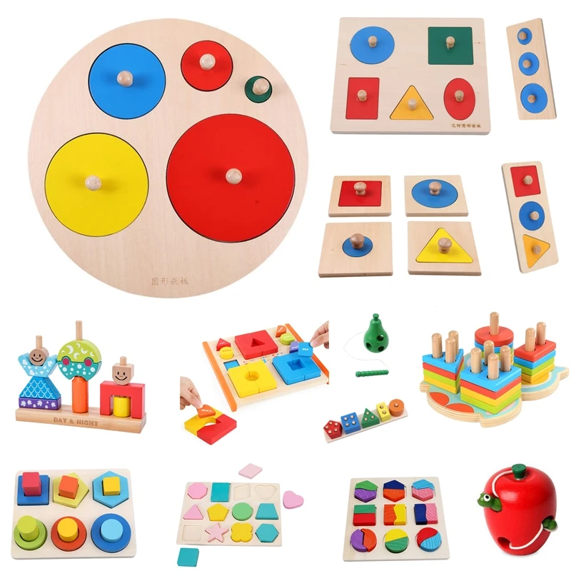 Wooden Geometric Shapes Sorting Math Montessori Puzzle Colorful Preschool Learning Educational Game Baby Toddler Toys