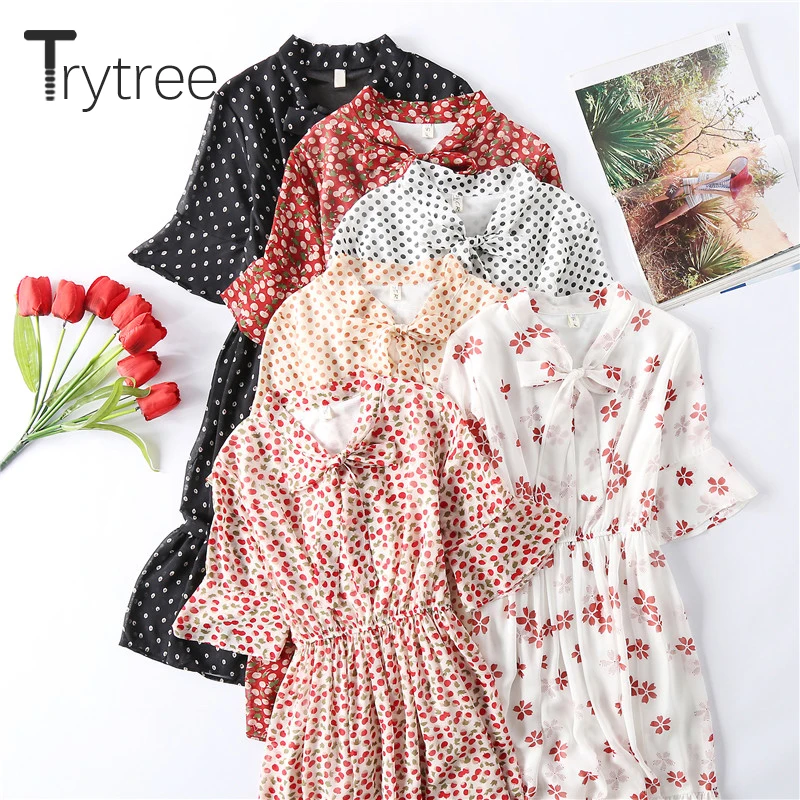 Trytree 2020 Spring Summer Women Dress Casual Bow Flare Sleeve print A-line Ruffle 6 Color Elegant Knee-Length | Женская одежда