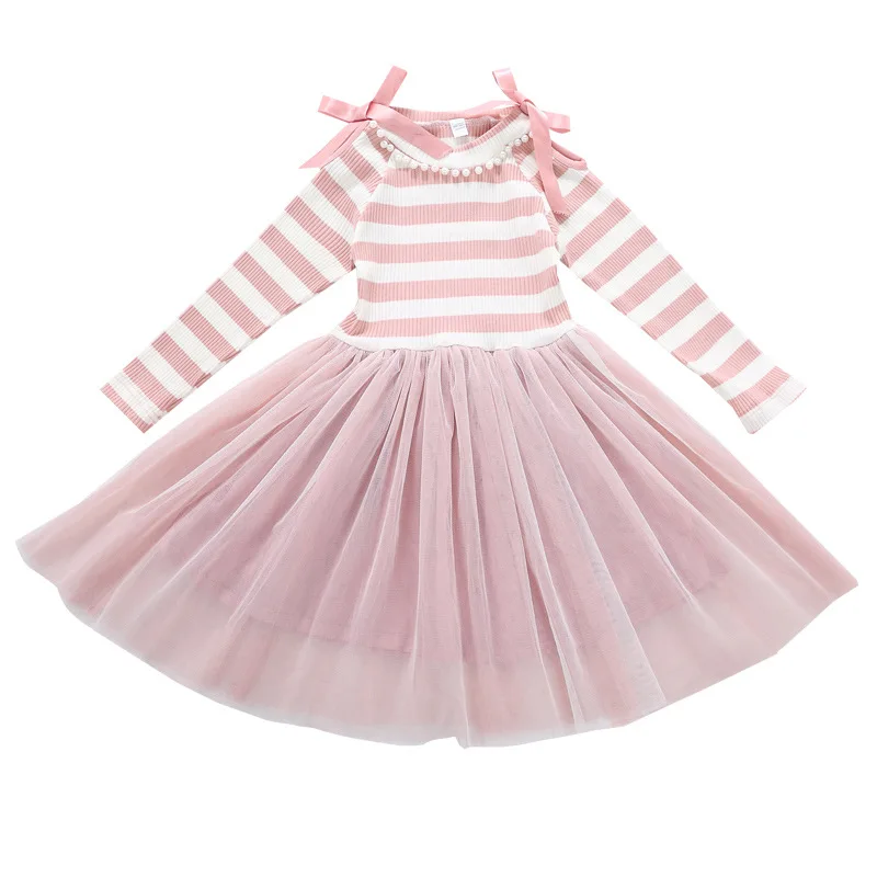 Повседневное Хлопковое платье для больших девочек Сетчатое в полоску с длинными