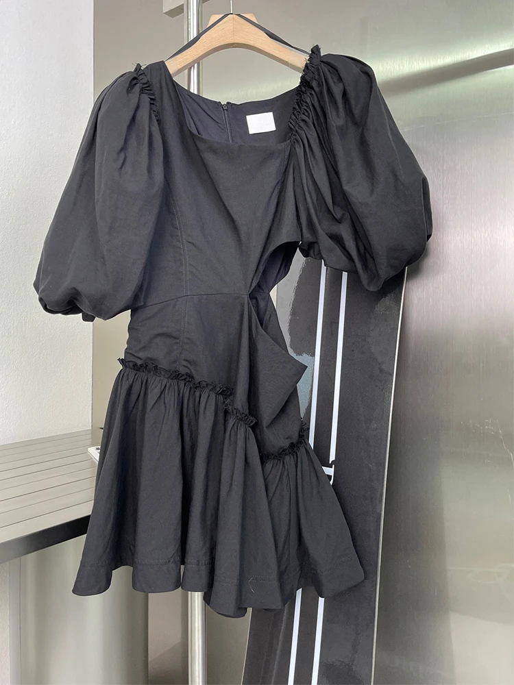 

White Sexy Dress 2021 Summer Women's Oblique Shoulder Bubble Sleeve Waistless Fold Stitching Hollow Cotton Linen Black Dresses