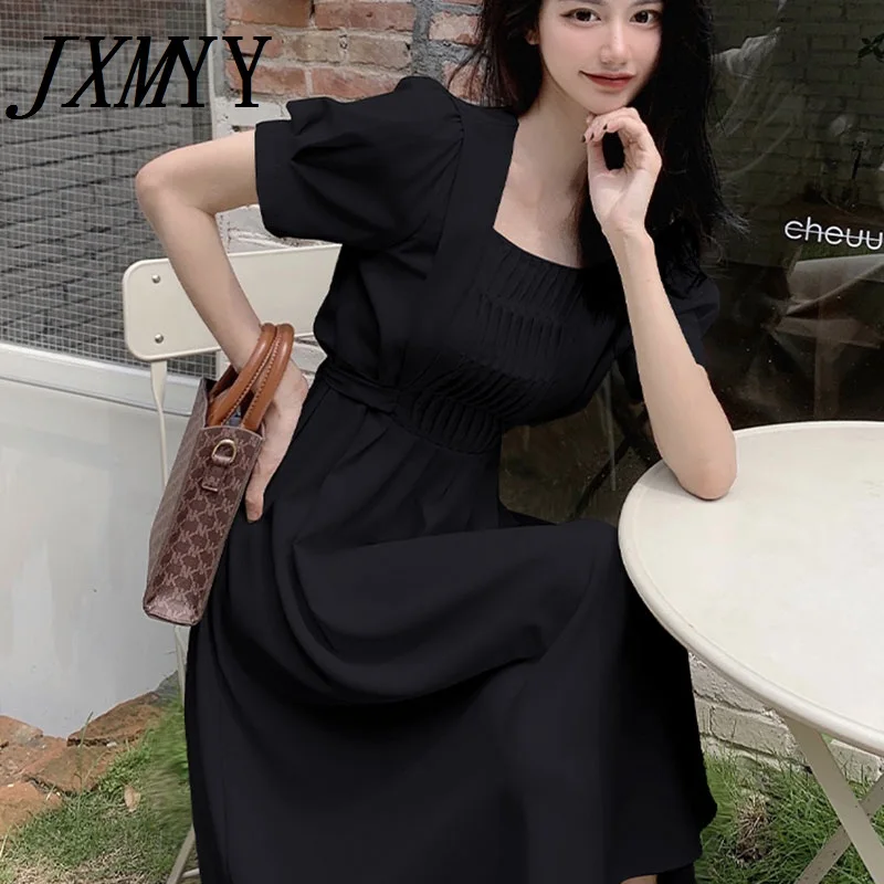 

JXMYY French Long Female Summer 2021 Fashion New Style Waist Slim And Elegant Skirt Puff Sleeve Square Neck Dress