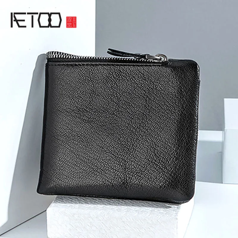 Мужской кожаный кошелек AETOO короткий бумажник из натуральной кожи на молнии