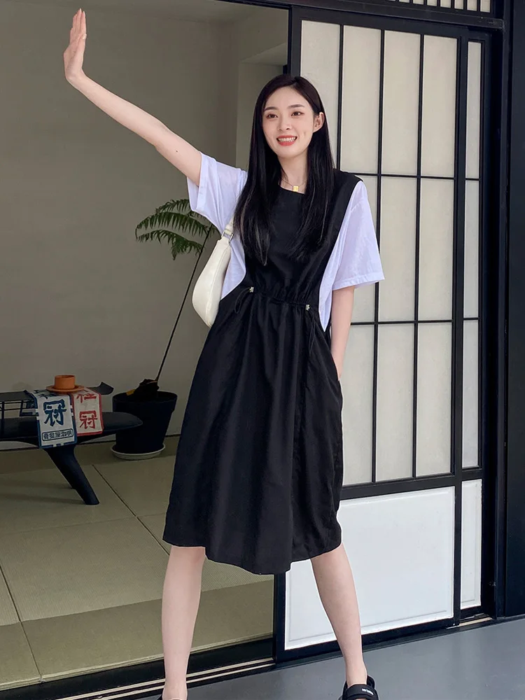 

Fake two Office dresses for woman Long summer 2021 ladies clothing women Casual mini Dress Black girl sundress Draw back sweet