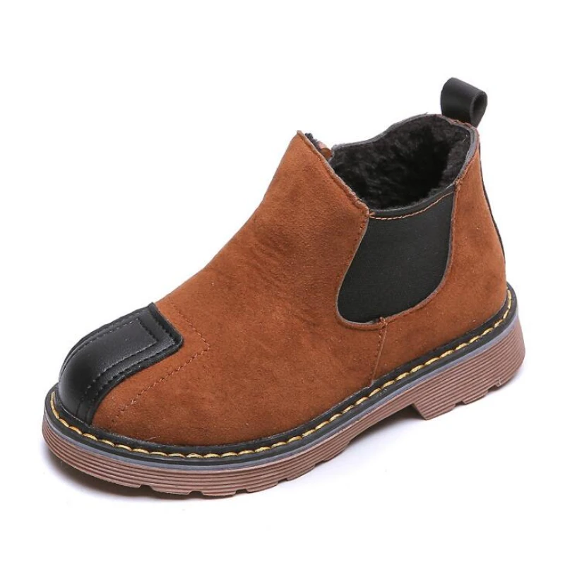 Зимние Детские кожаные ботинки теплые шерстяные короткие водонепроницаемые для