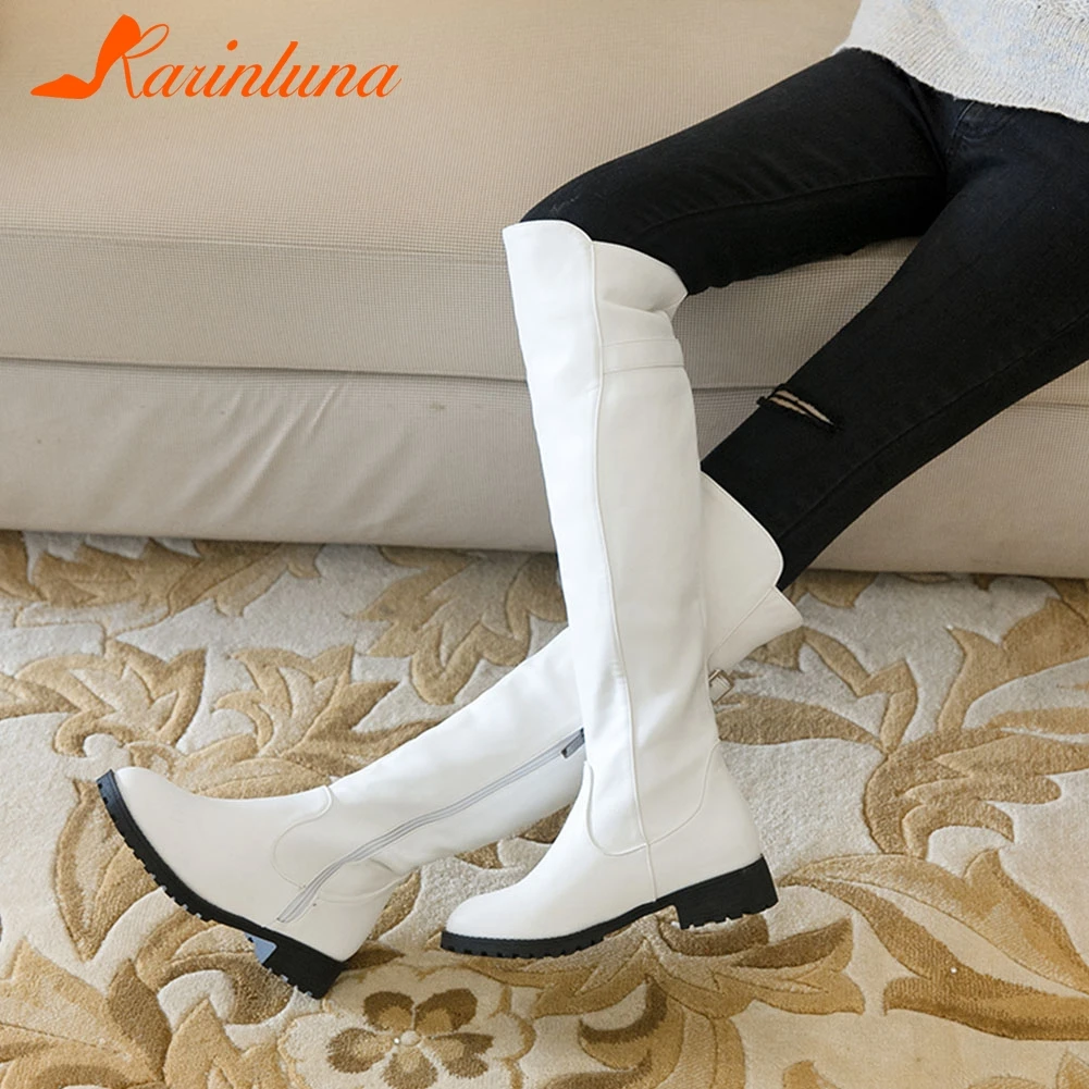 

Karinluna On Sale Female Shoes High Quality Knee High Boots Solid Zip Up Round Toe Square Thick Heels Round Toe Long Booties
