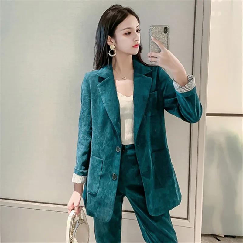 

Autumn Winter Women 2 piece Corduroy Blazer Sets Single Breast Fashion 2pc pants set Long Sleeve British Trousers Two-piece Suit