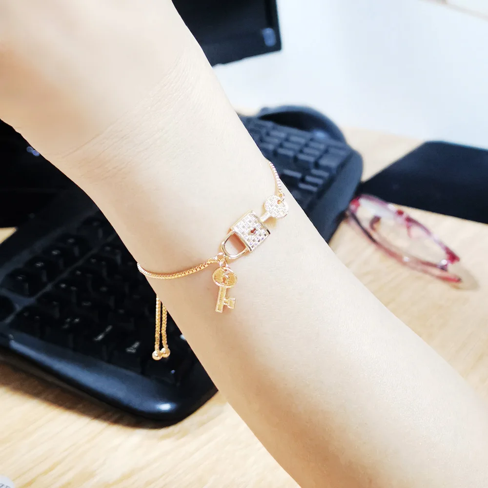 

Fashion 24k Gold Color Bracelets Bangle Key lock Bracelet for Women Femme Charm Female Bijoux Valentine's Day Gift