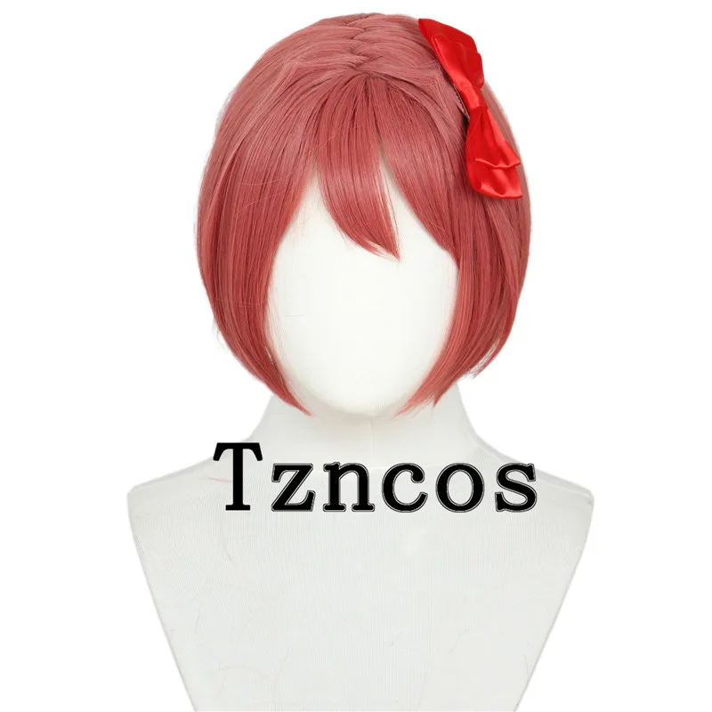 Парик Sayori Tzncos с красным бантом темно-розовый короткий парик термостойкие