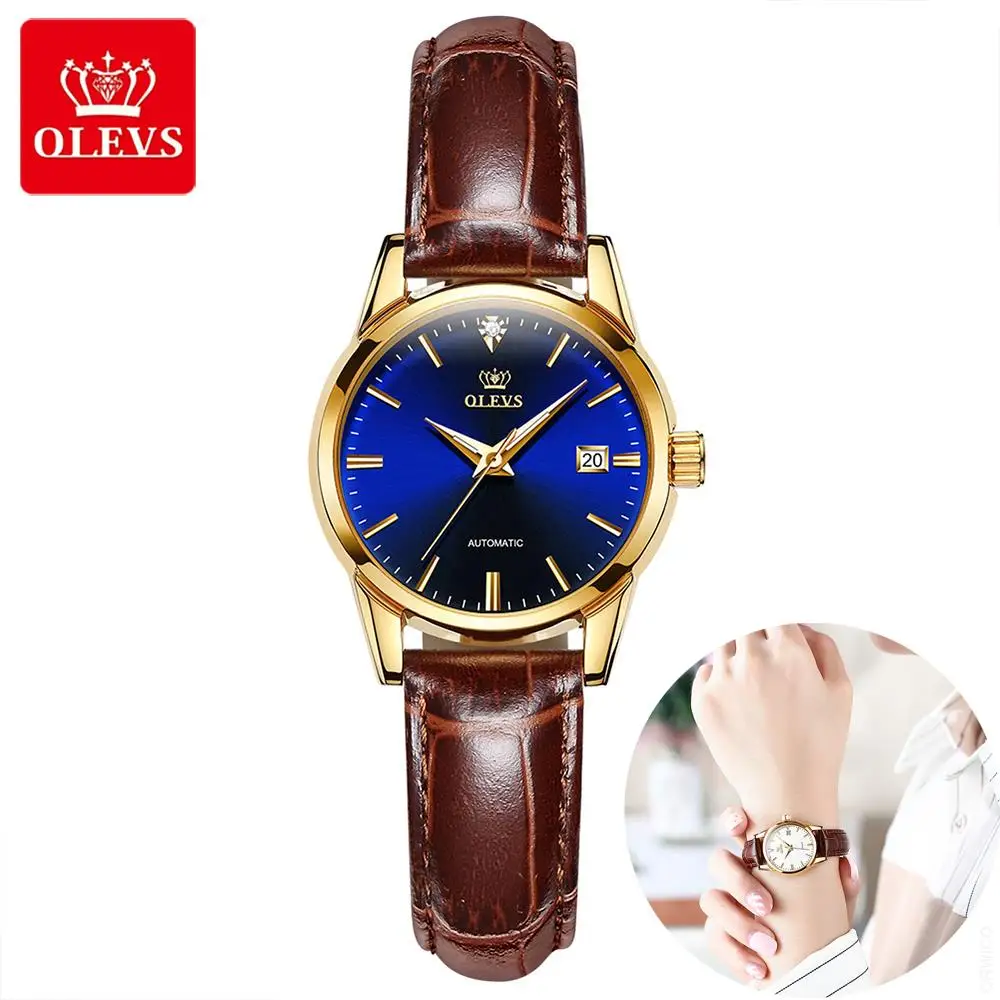 OLEVS Women Automatic Watch Mechanical Watches for Women Brown Leather Classic Ladies Watches Casual 3ATM Waterproof WristWatch