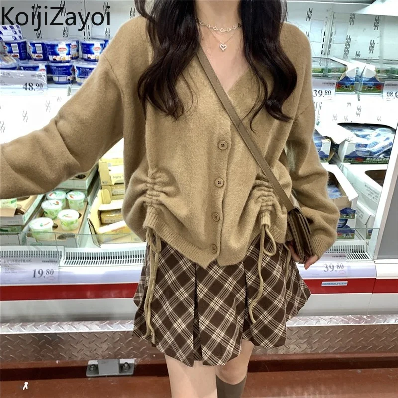 

Koijizayoi Casual Women Knitted Drawstring Sweater Long Sleeves V Neck Office Lady Auutmn Winter Cardigan Cropped Slim Kardigan