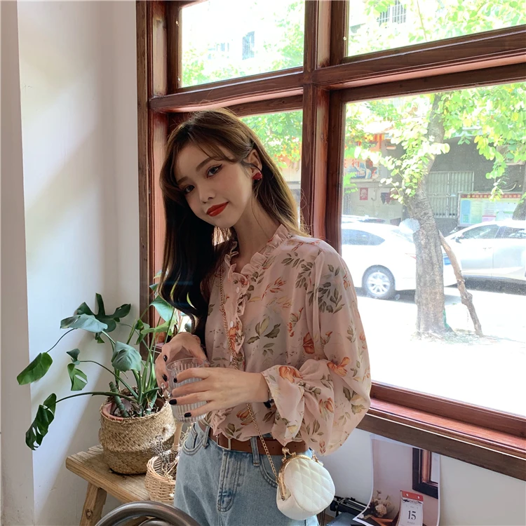 Женская Корейская шифоновая рубашка Harajuku с цветочным рукавом Женские рубашки