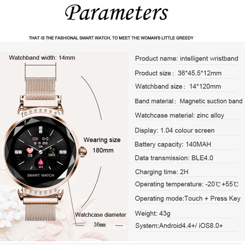 

AIDISITE Fashion Diamond Glass Smart Watch Women Magnetic Watch Strap Heart Rate Blood Pressure Monitor Tracker For iOS Android