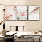 Картина на холсте с акварельным пейзажем, с цветком розовой сливы, Постер в китайском старинном стиле для украшения стен гостиной