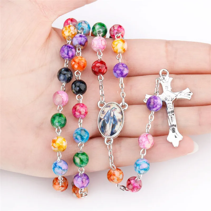 

Religious Jewelry Fashion Catholic Colorful Round Beads Virgin Mary Pendant Cross Rosary Necklace