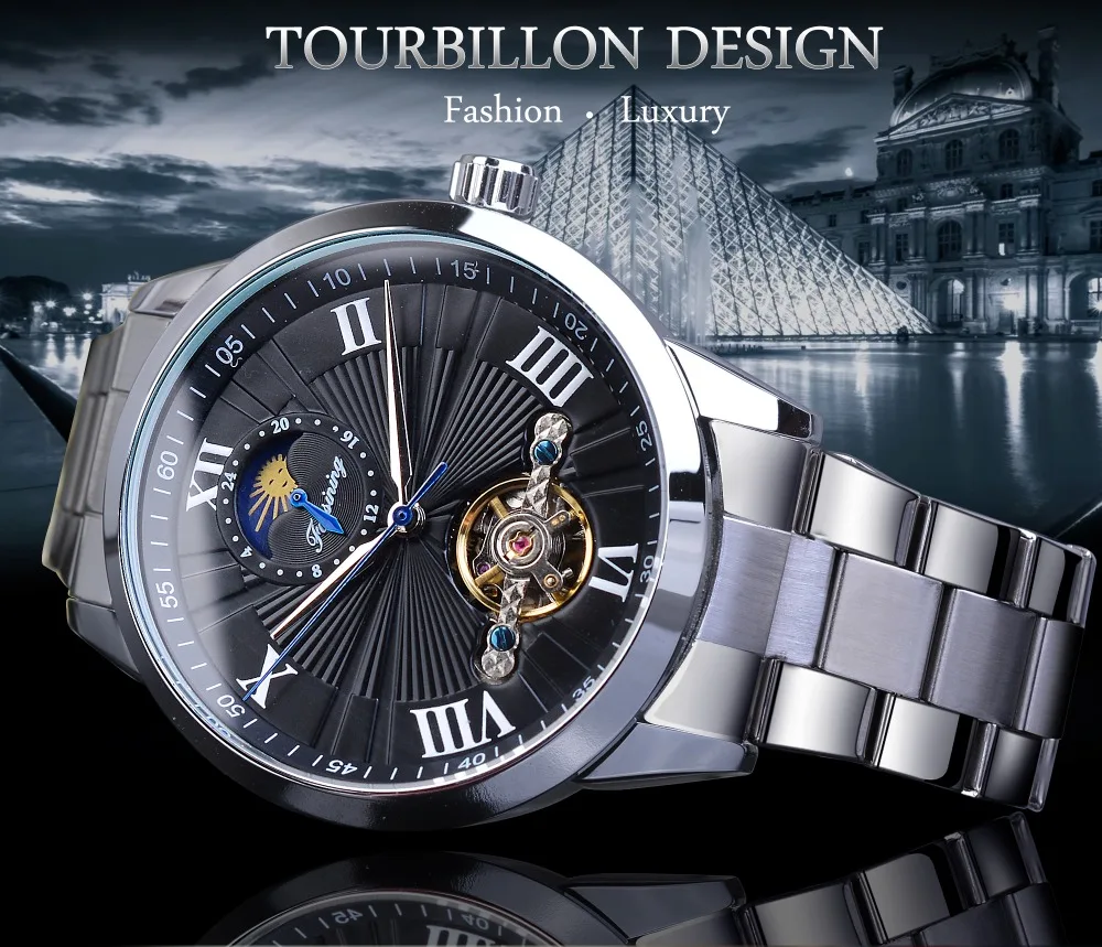 Forsining классические мужские Tourbillon механические часы модный бренд черный Moonphase бизнес стальной ремешок автоматические часы Reloj Hombre