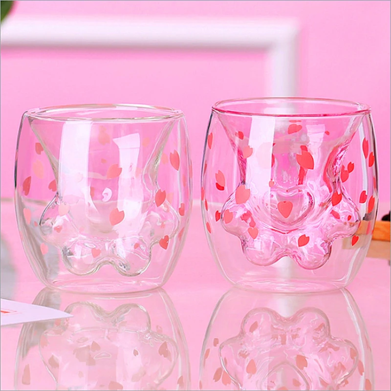 

Cat Claw Cup Creative New Double Glass Coffee Mug Cute Cartoon Juice Milk Best Home Office Cherry Pink Transparent Glass Paw Cup