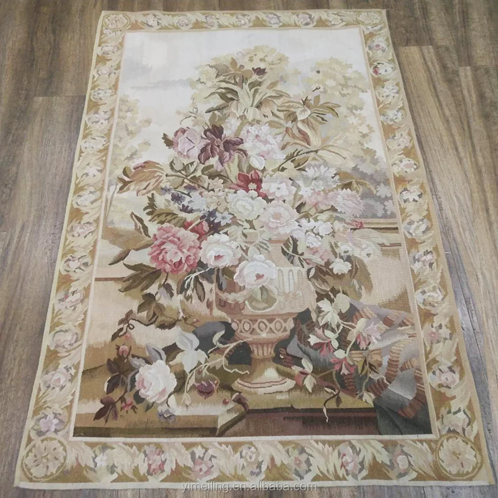 

European French Floral Handmade Wool Wall Hanging Aubusson Tapestry with Flower