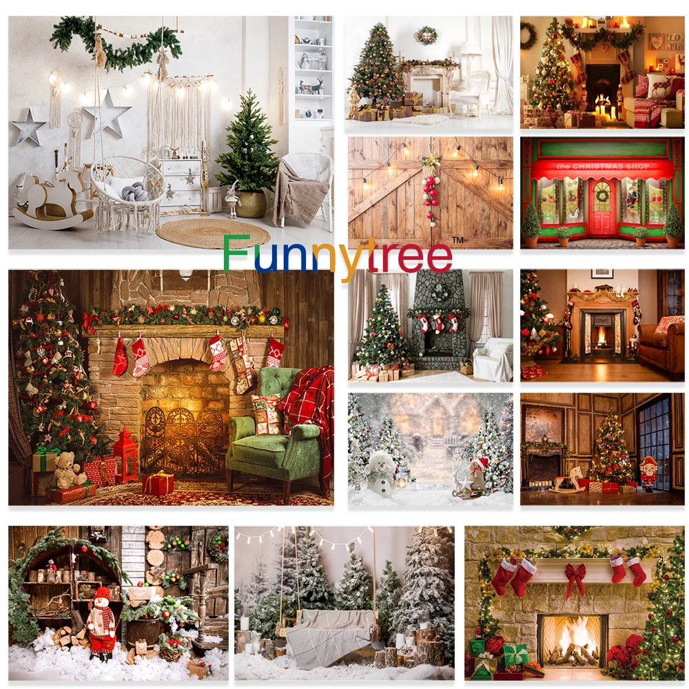 Funnytree Рождественское украшение зимний фон дерево камин домашняя фотостудия снег