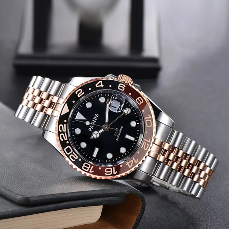 

Fashion Parnis 40mm Black Dial Automatic Mechanical Men's Watches GMT Sapphire Crystal Calendar Sports Watch reloj hombre Clock