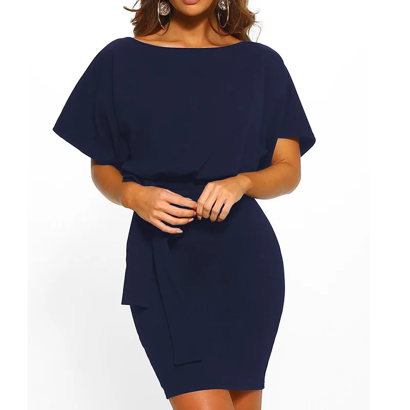 Однотонное модное летнее облегающее платье с поясом женское элегантное Короткое