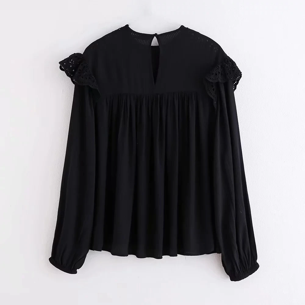 Withered new england elegant simple Lace splicing shirt women blusas mujer de moda shirt womens tops and tshirt plus size - Цвет: Черный