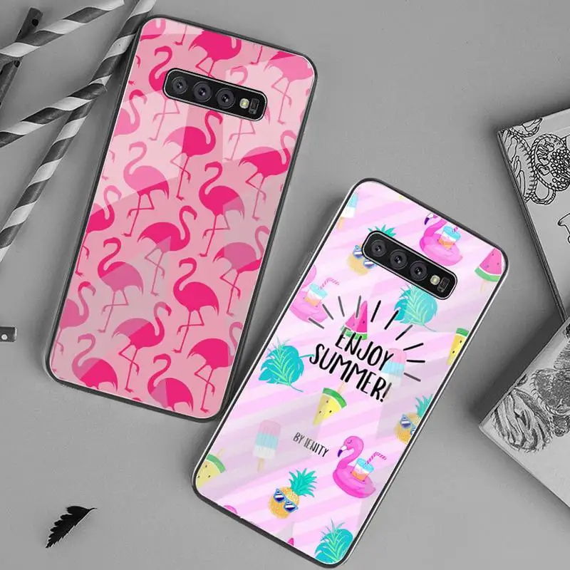 

YJZFDYRM Cute pink swan Soft black Phone Case Tempered Glass Phone Case For Samsung S7 S8 S9 S10 Plus Note 8 9 10 Plus