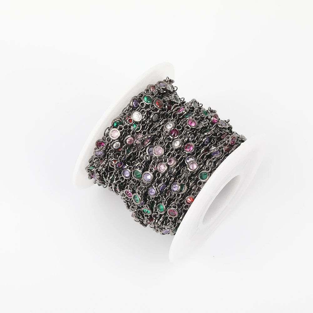 

5Meter/Lot 4mm Rainbow Zirconia Beads Rosary Chains,CZ Flat Round Beads Wire Wrapped Plated Gold Gun Black Chains DIY Necklace