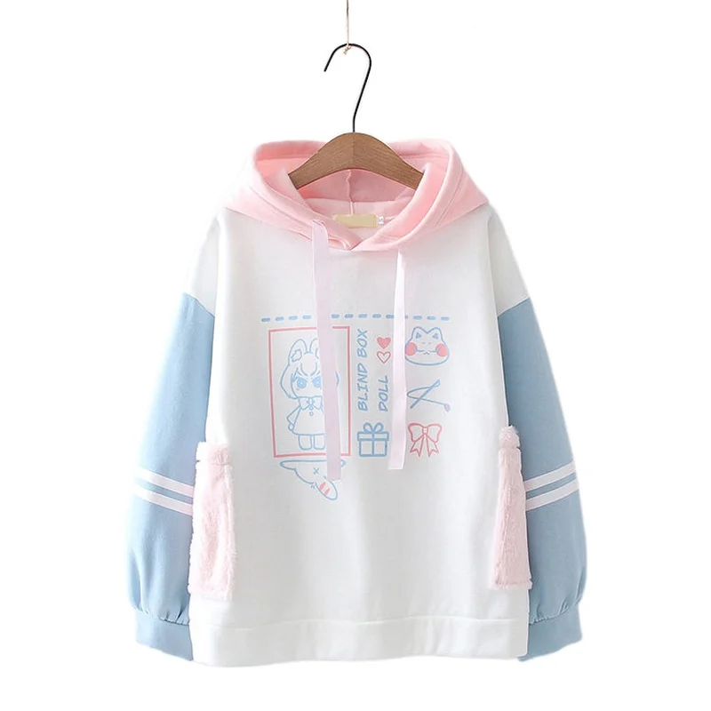 Women Preppy Style Sweet Thick Fleece Sweatshirt Autumn Winter Cute Girl Student Cotton Hooded Patchwork Hoodies 2012009