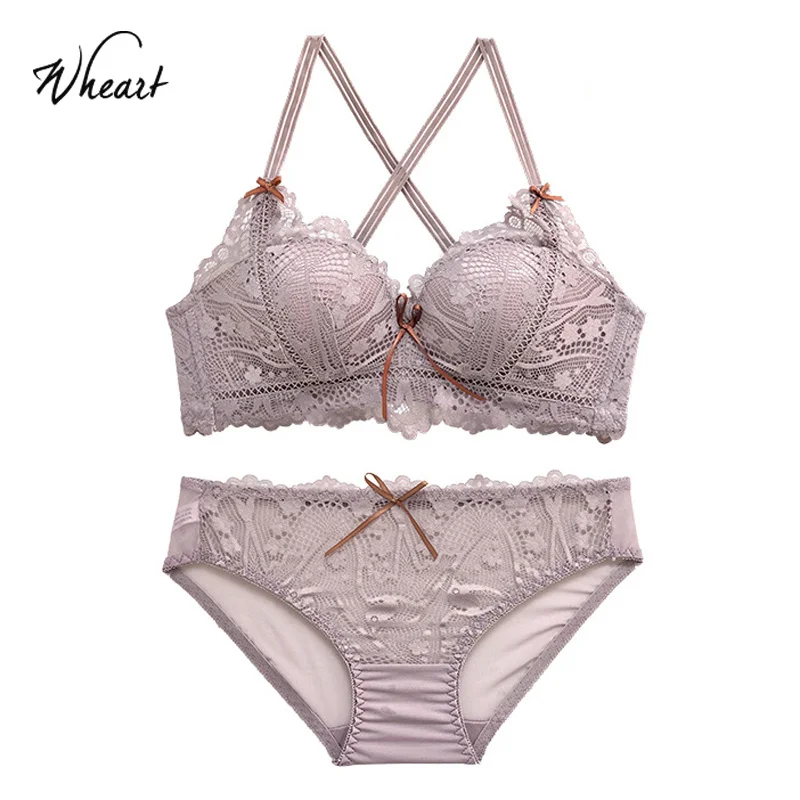 

Wasteheart Women Fashion Green Purple Bra Set Padded Bralette Cross Back Cotton Panties Push Up Underwear Sexy Wireless Lingerie