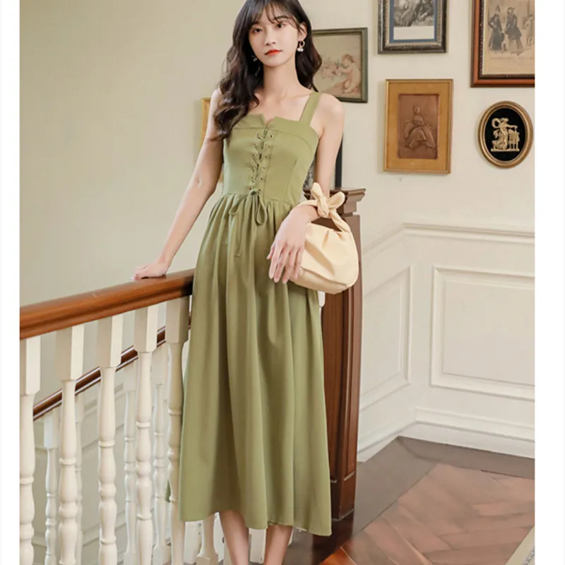 

Ladies Summer Solid Color Slim Camisole Long Dress Female Elegant Green Designed Bow Belt Dresses Women Fashion Vestidos ML147