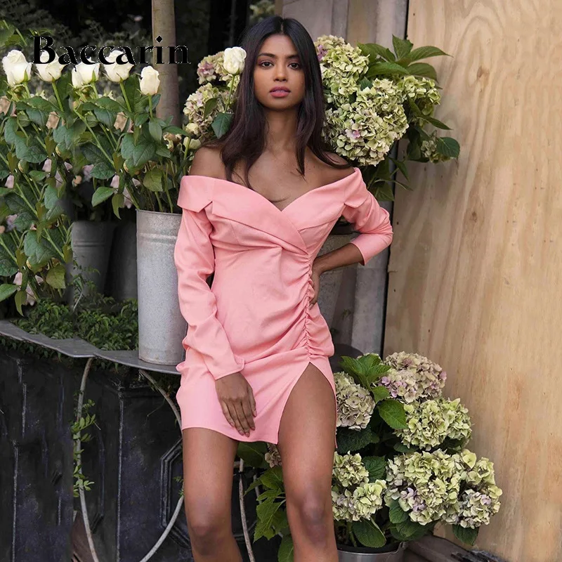 

Baccarin 2019 autumn winter women mini party dress long sleeve off shoulder front slit cross bodycon sexy festival dinner office