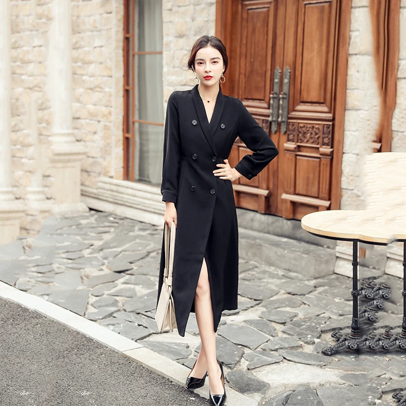 Новинка Осень-зима дизайнерский женский длинный Тренч для офиса подиума с